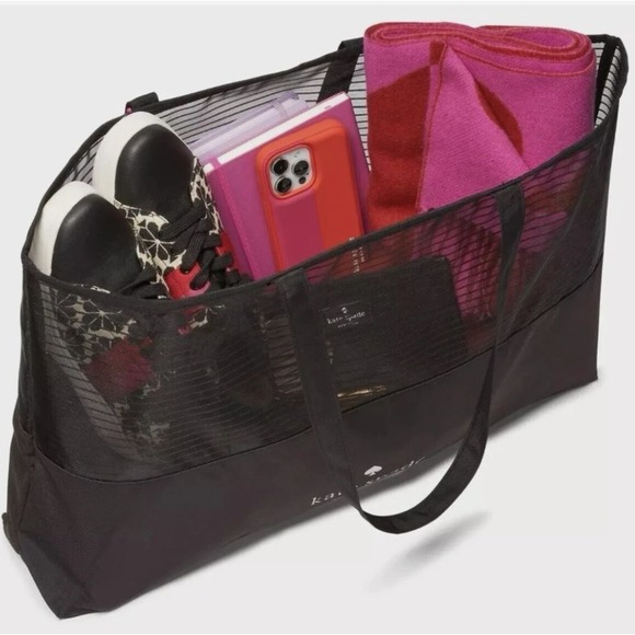 New Kate Spade Black Stripe Mesh Tote 25" x 15" XLarge Shopping Tote - Picture 2 of 3